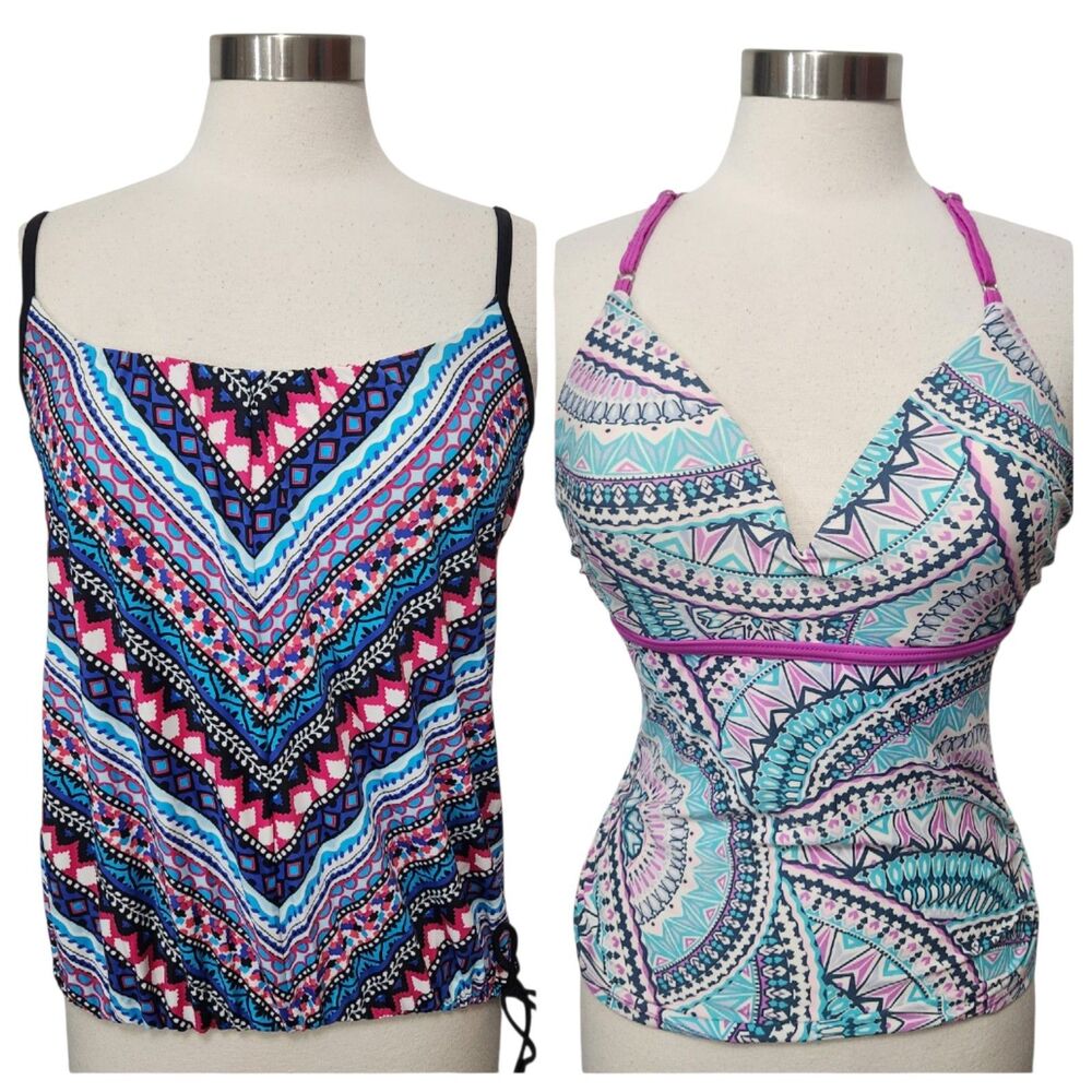 2 Pc Lot Womens Tankinis MEDIUM Blue Pink Red Shelf Bra Padded Strappy